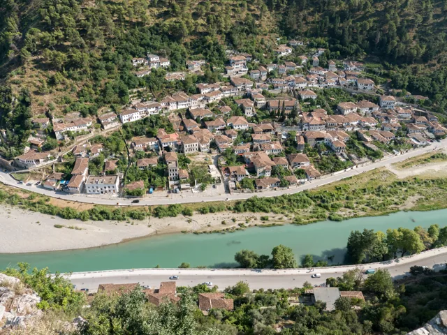 Traditional hillside houses in Gorica, Berat, Albania