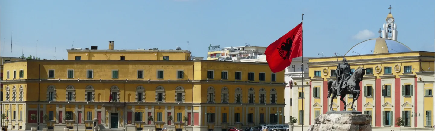 Archival panorama of Skanderbeg Square and civic buildings in Tirana
