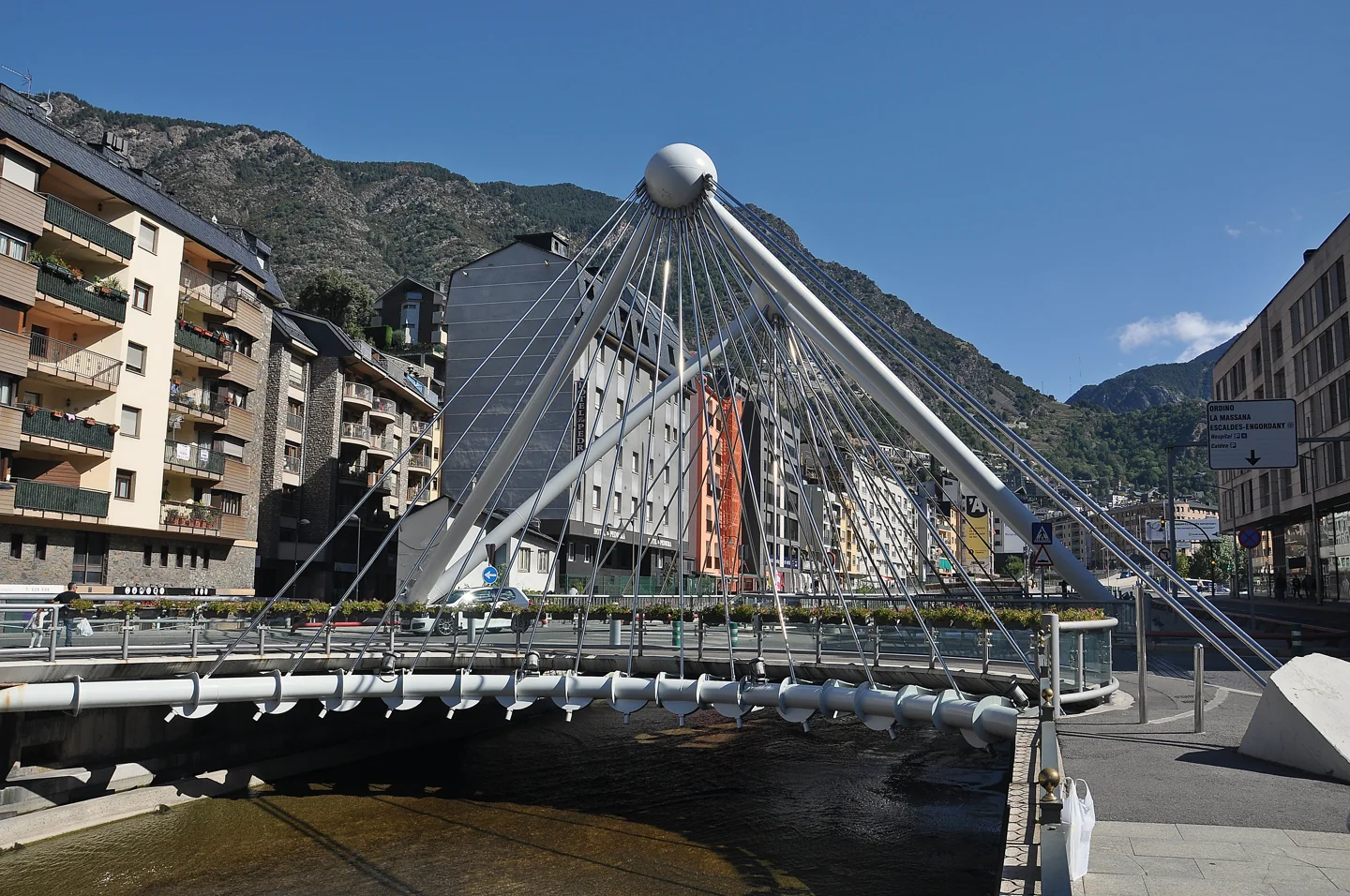 Cable-supported bridge and apartment buildings at Avinguda del Consell d’Europa in Escaldes