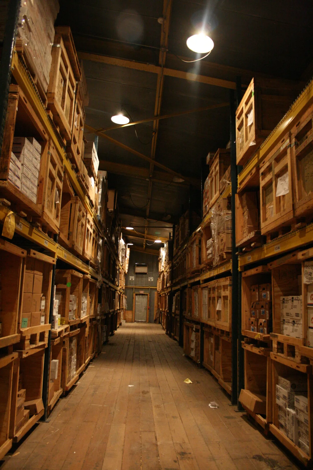 Shelves and cartons inside a McMurdo frozen-food warehouse