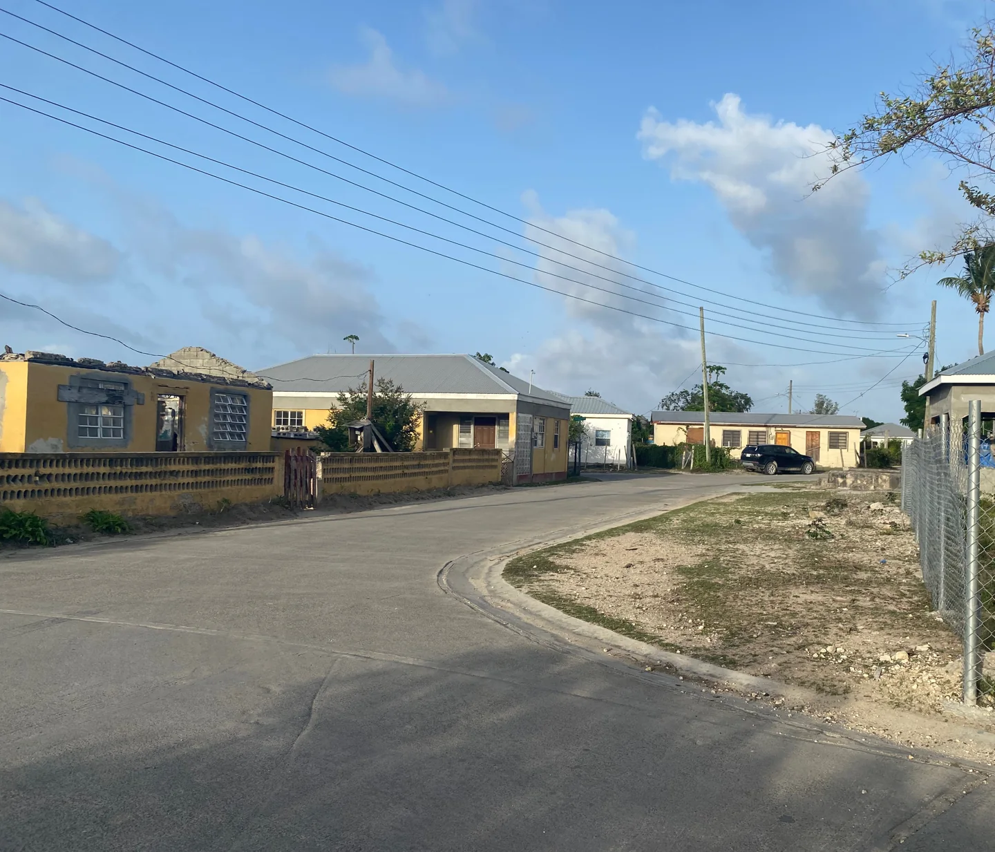 A street and roadside buildings in Codrington on Barbuda