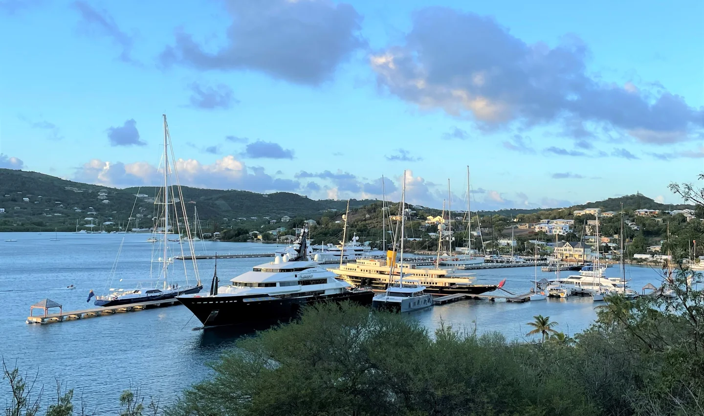 Boats and marina facilities on Falmouth Harbour bay in Antigua