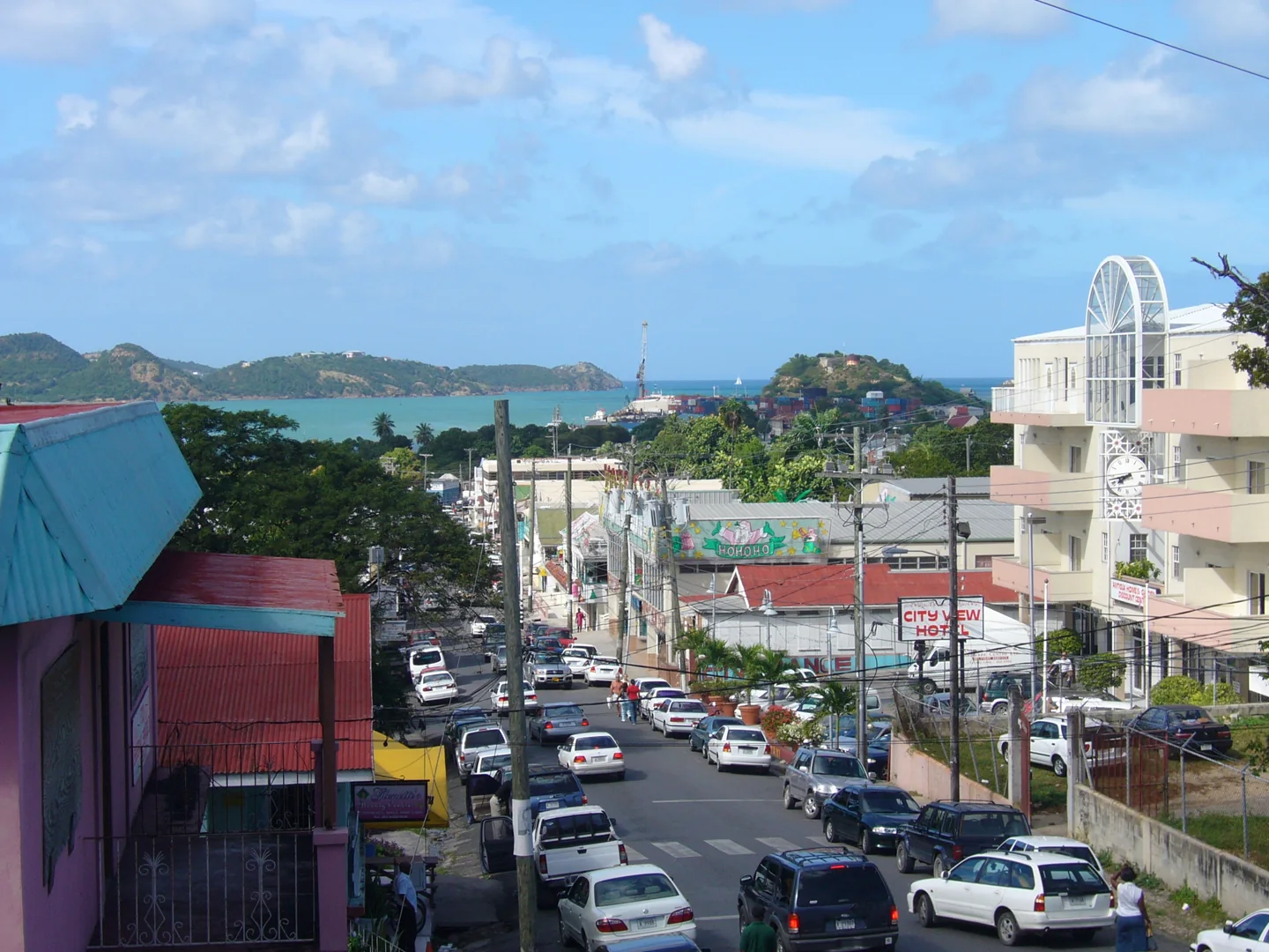 Street buildings and road traffic in St. John’s Antigua