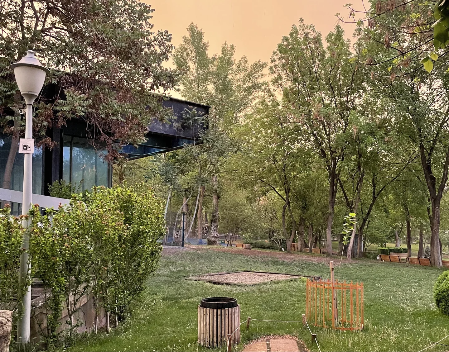 Trees, lawn and paths beside Marshal Baghramyan metro station in Lovers’ Park Yerevan