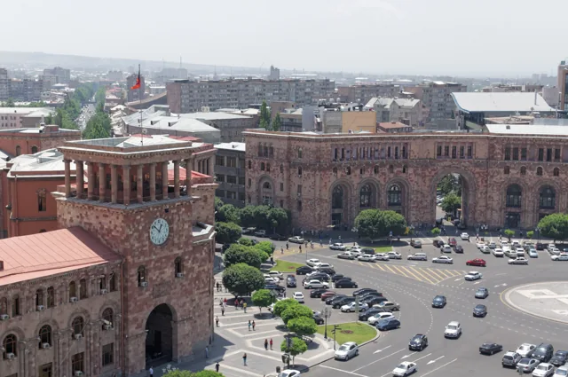 Elevated view of Republic Square, its clock tower and surrounding buildings in Yerevan