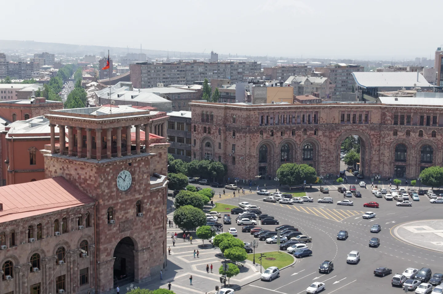Elevated view of Republic Square, its clock tower and surrounding buildings in Yerevan