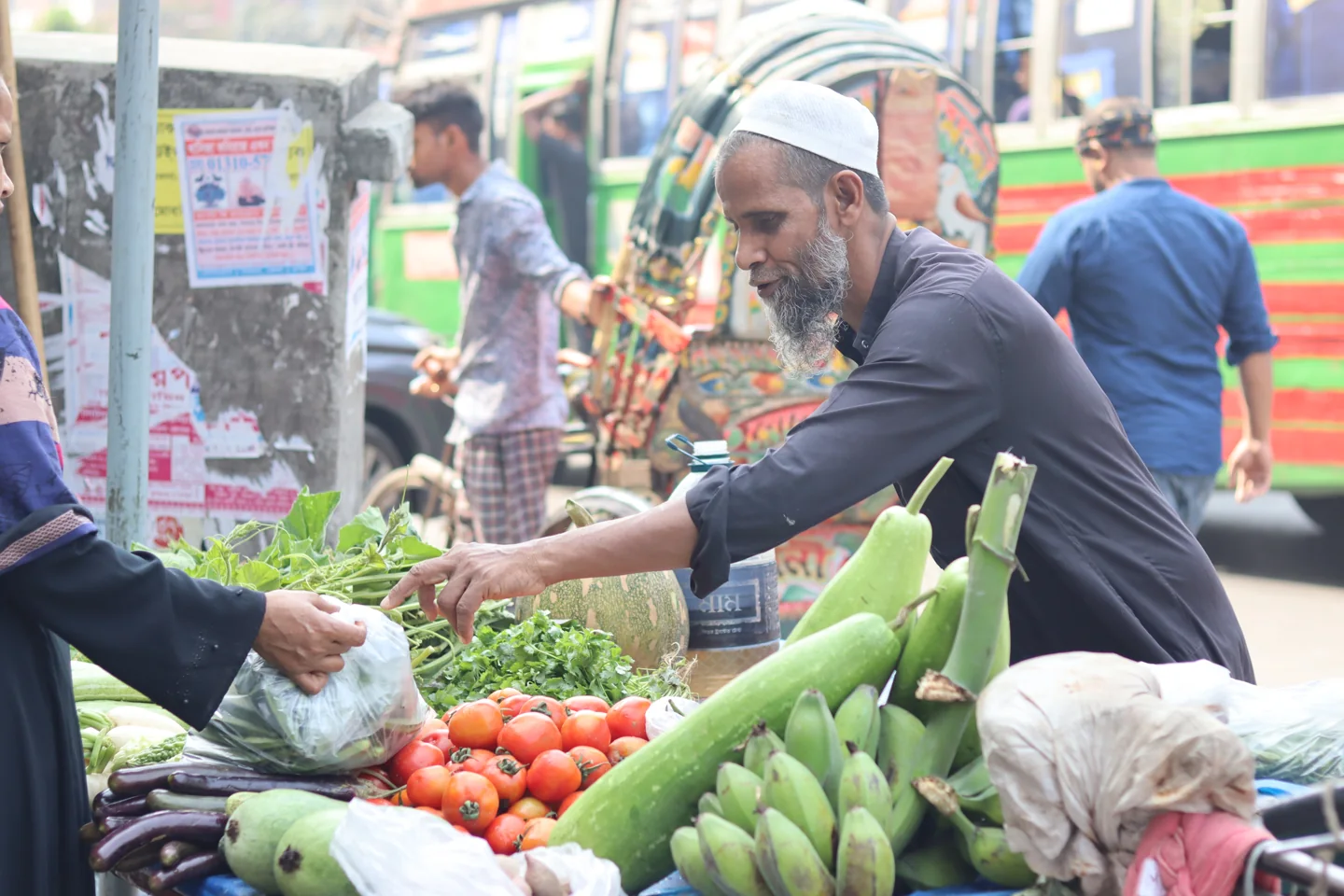 Vegetables displayed by a seller in Dhaka