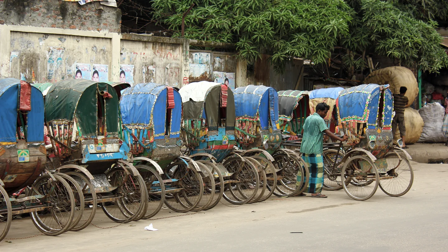 Parked cycle rickshaws in Dhaka