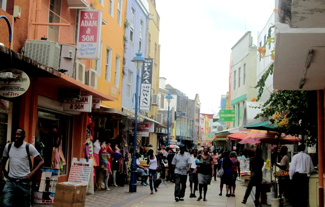 Shops and pedestrians on Swan Street in Bridgetown