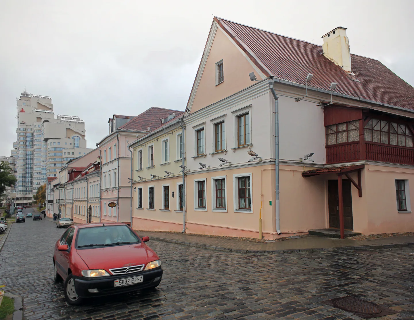Paved Starovilenskaya Street and historic buildings in Trinity Suburb