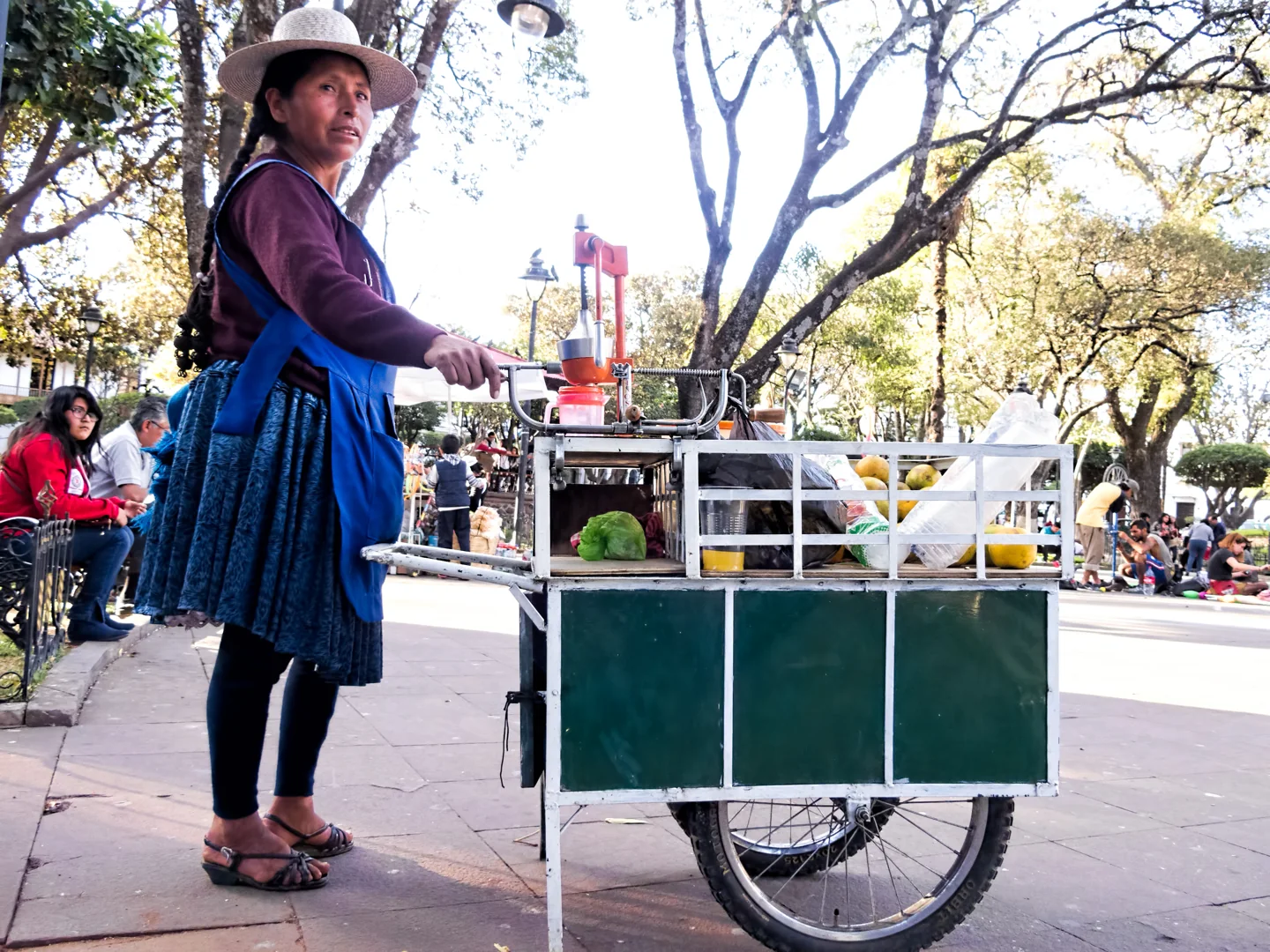 Juice seller with oranges and preparation equipment in a Sucre square