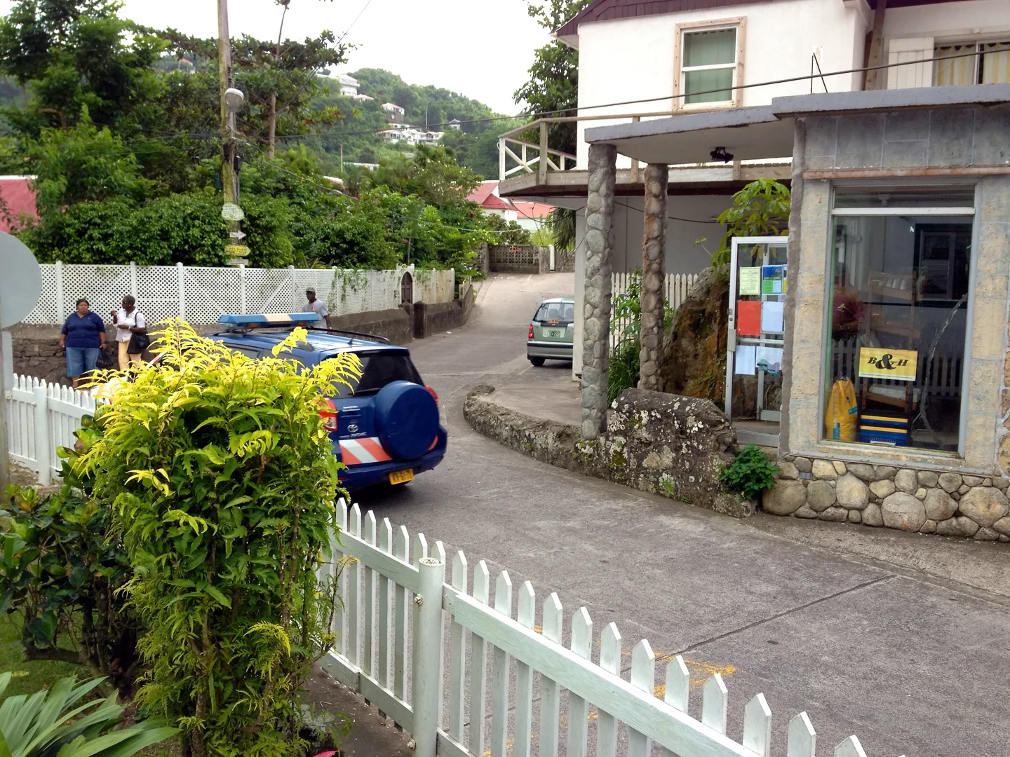 Narrow intersecting streets and village buildings in Windwardside on Saba