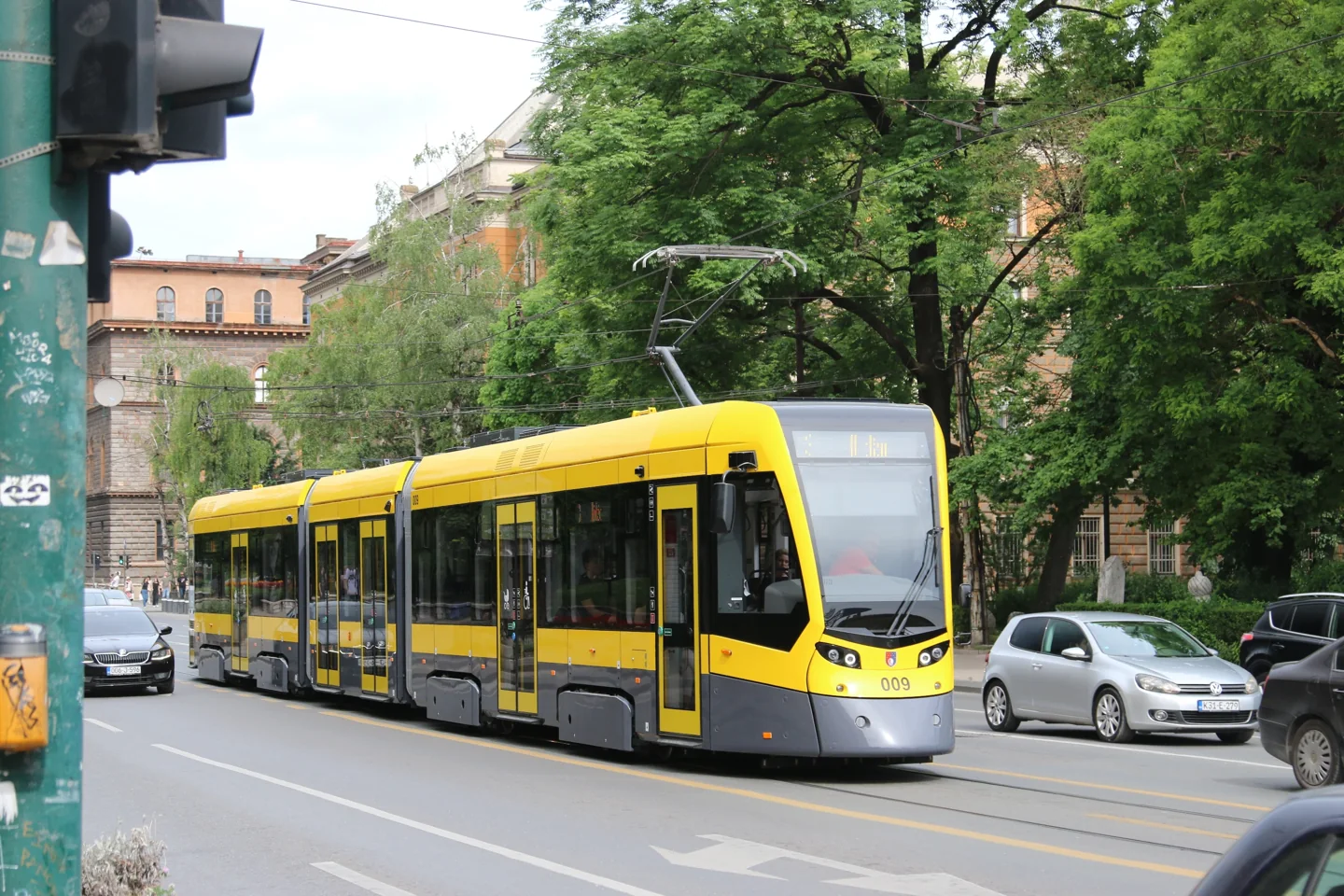 Modern tram number 009 on a Sarajevo street