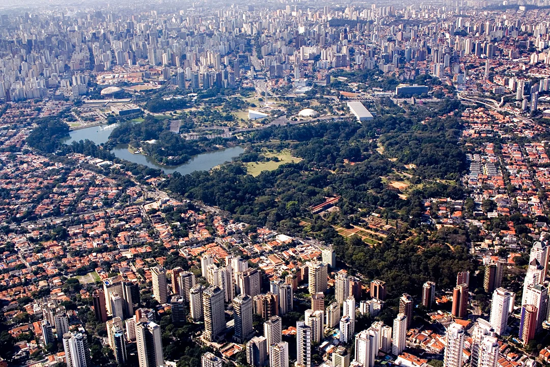 Aerial view of lakes and trees at Ibirapuera Park in São Paulo