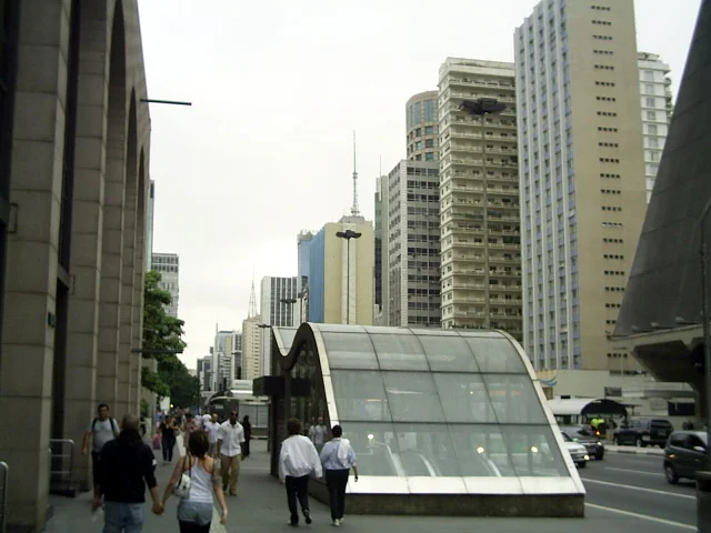 Metro station entrance and apartment buildings on Avenida Paulista