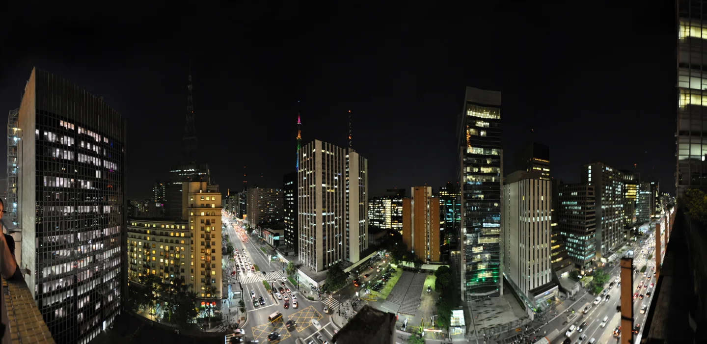 São Paulo’s Avenida Paulista with offices and apartment buildings at dusk