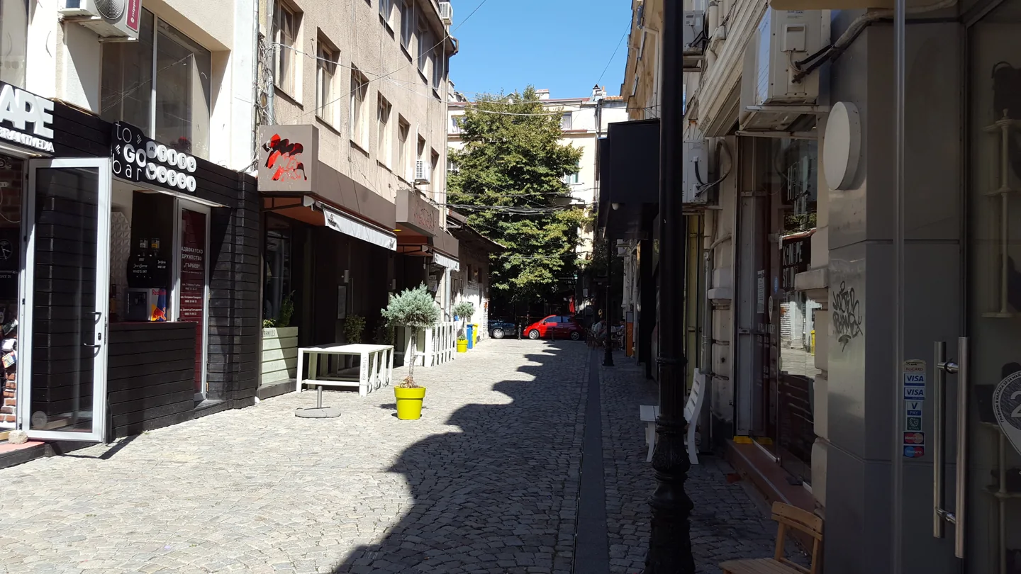 Bratya Pulevi Street in Plovdiv's Kapana neighbourhood lined with small buildings