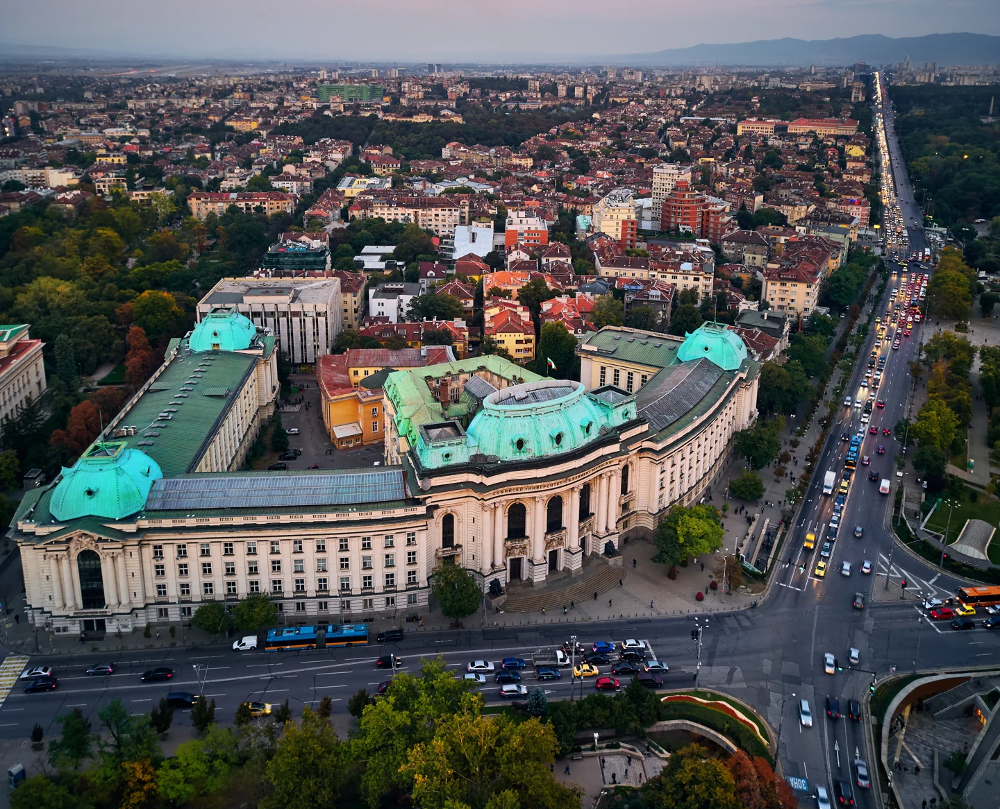 An aerial view of the Sofia University rectorate and surrounding streets