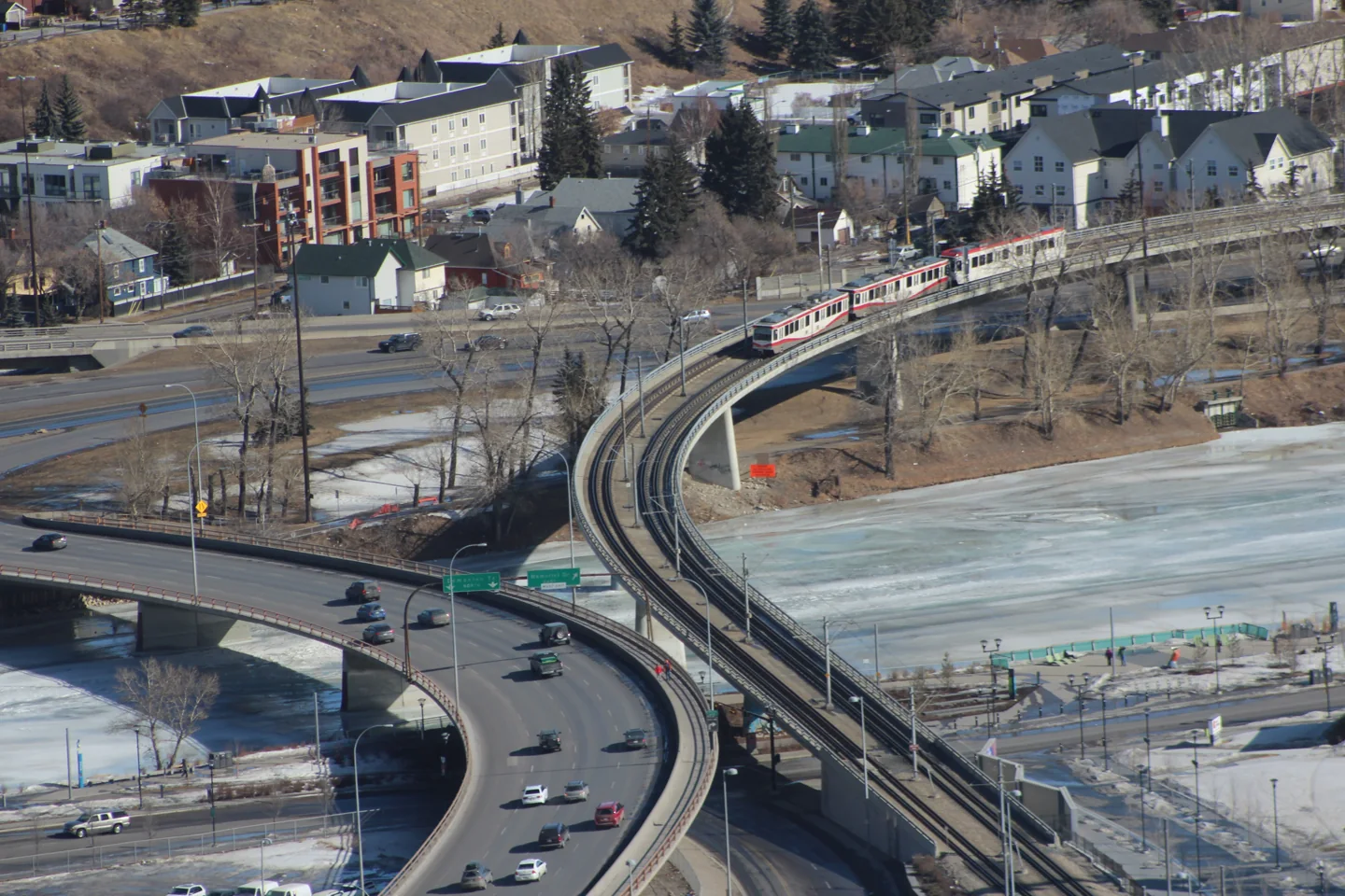 Calgary CTrain on tracks approaching downtown