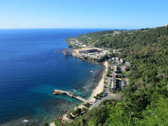 Flying Fish Cove, its bay and nearby homes on Christmas Island