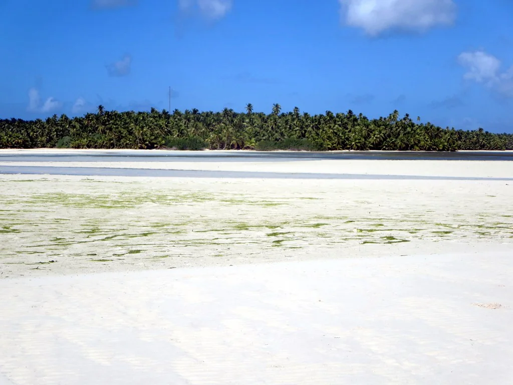 Shallow turquoise water and white sand in the South Lagoon off West Island