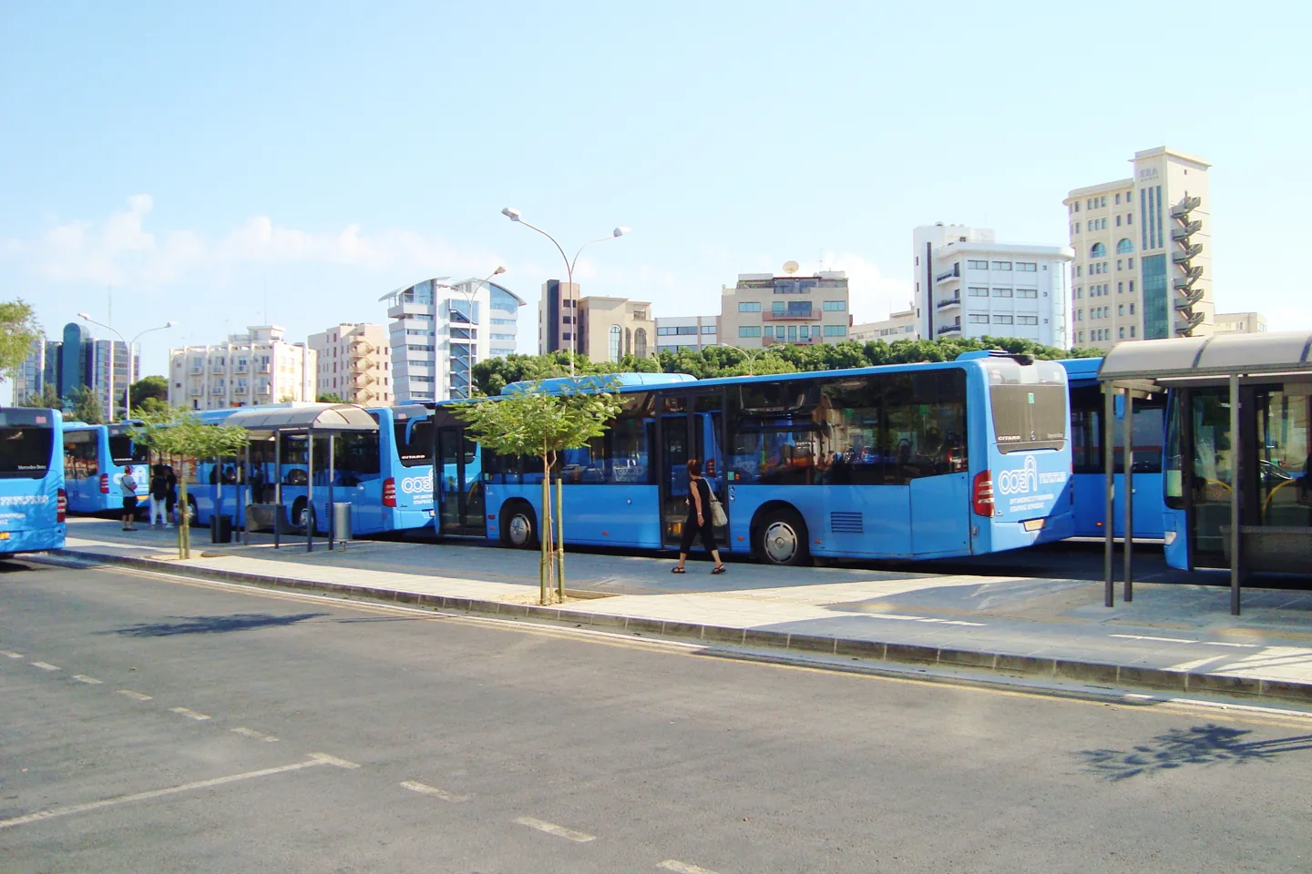 Blue city buses lined up at Nicosia’s Solomos Square station in 2011