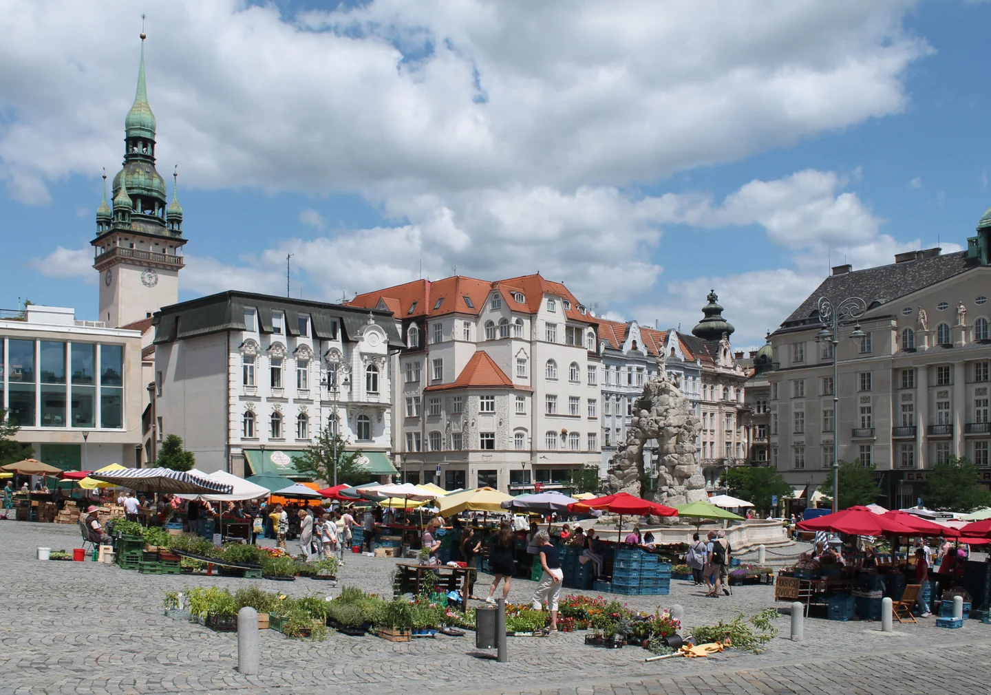 The Zelný trh square and surrounding buildings in central Brno