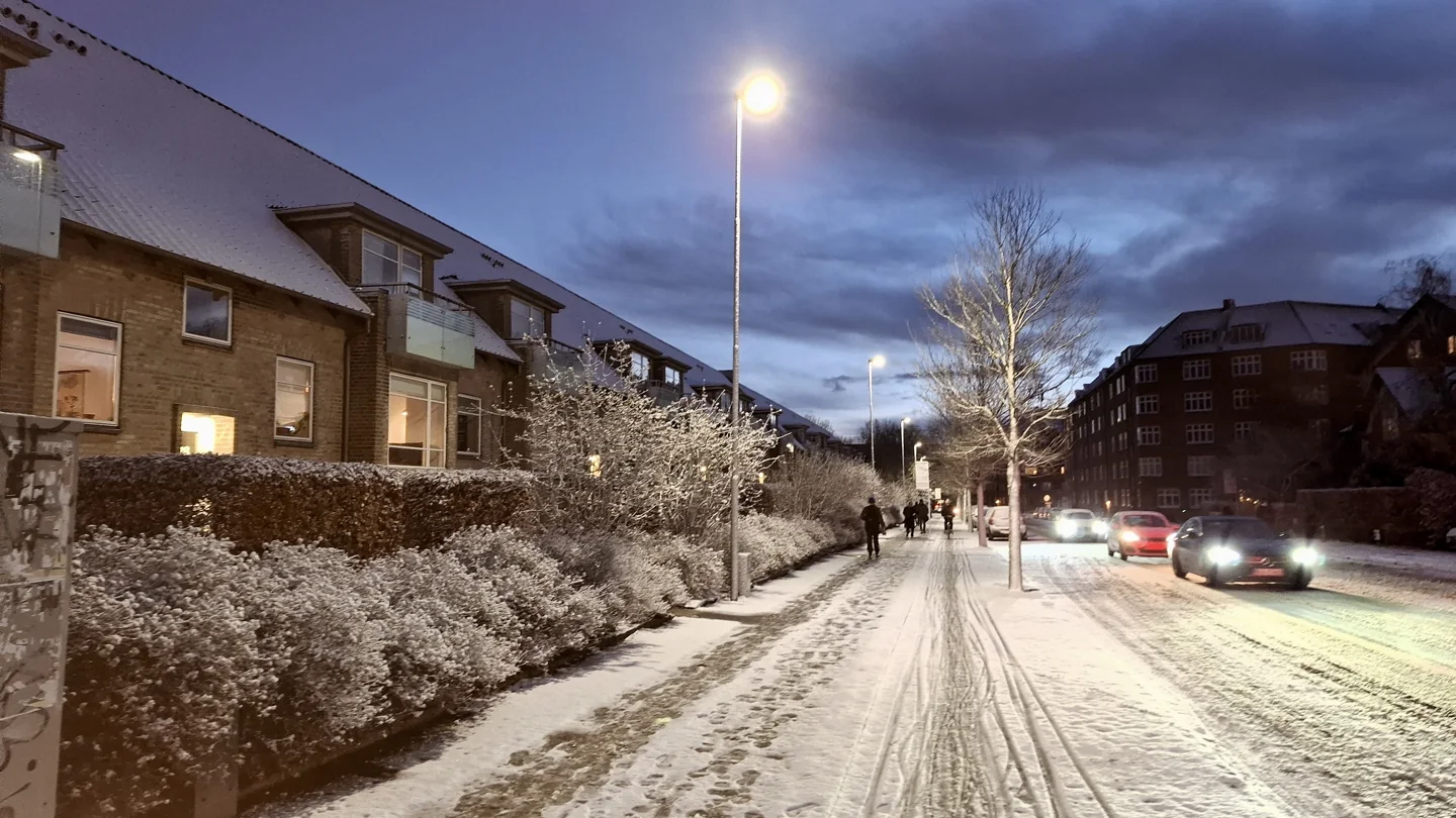 Snow-lined homes, cycleway and road near Aarhus University before dawn