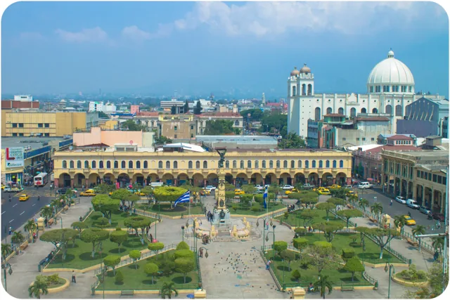 Plaza Libertad and arcaded buildings in central San Salvador