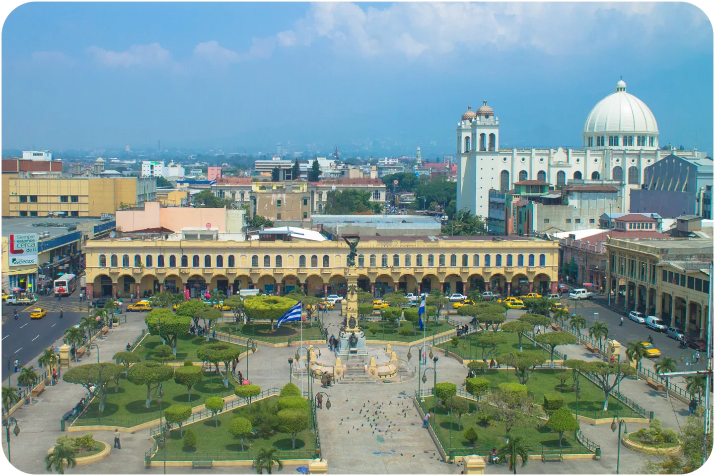 Plaza Libertad and arcaded buildings in central San Salvador