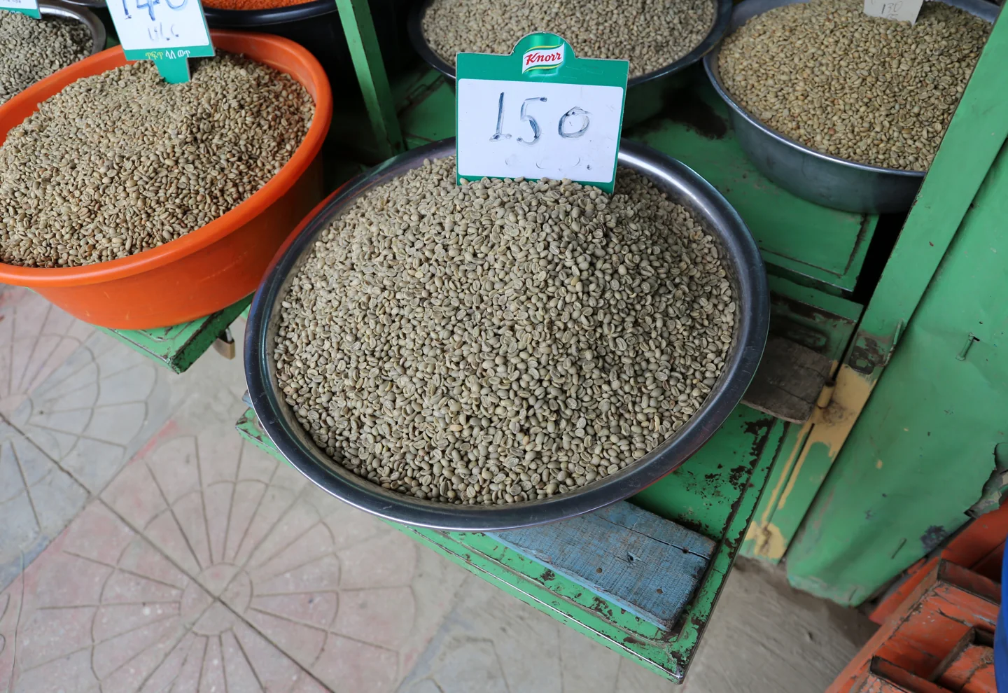 Green coffee beans on display at Sholla Market in Addis Ababa