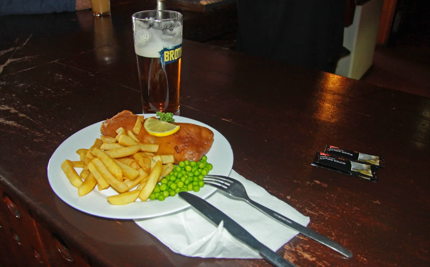 A plate of fish and chips photographed in Stanley