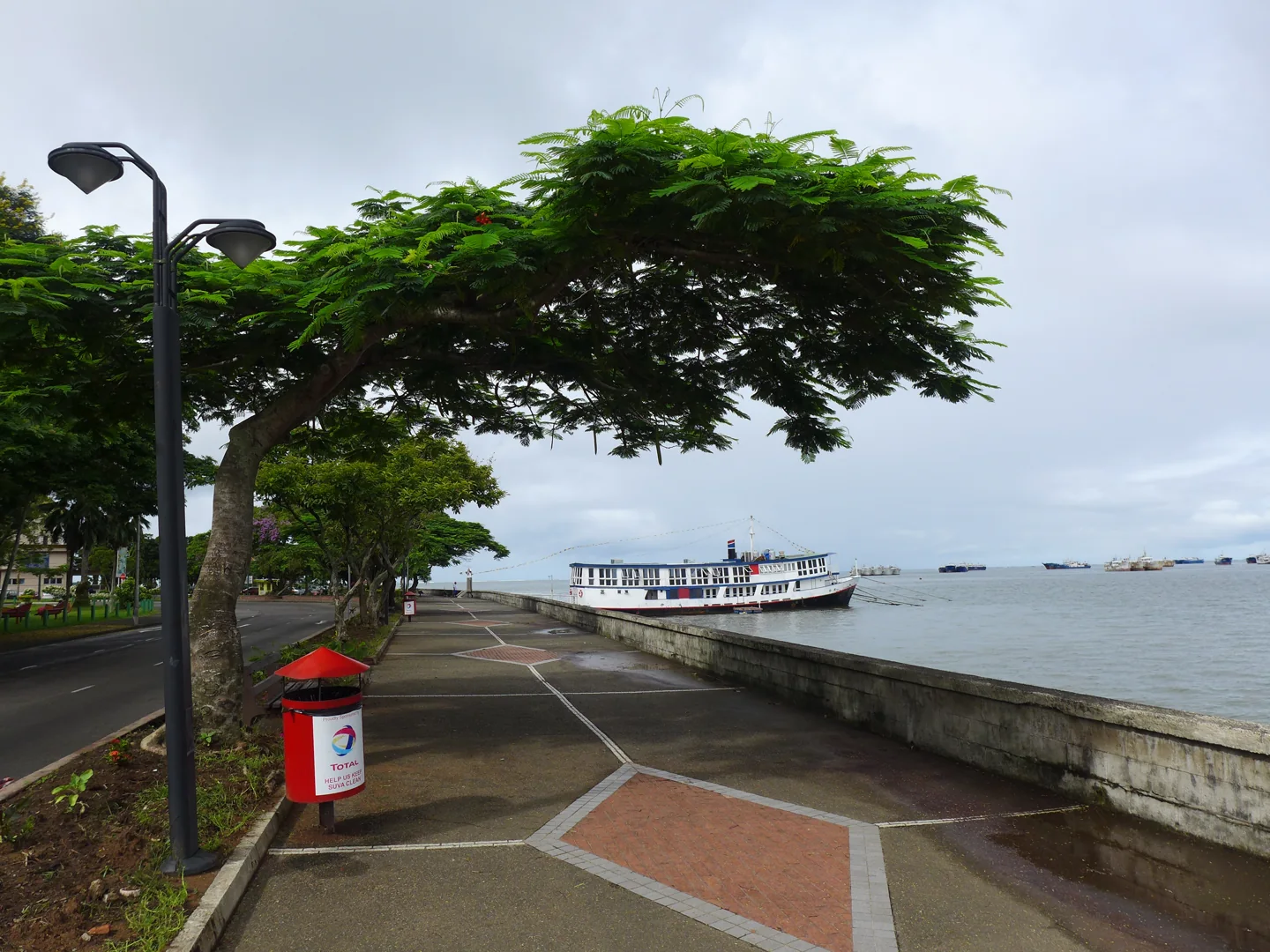 Suva waterfront promenade overlooking ships in the harbour